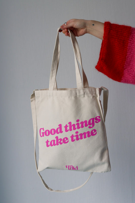 Ufortalt tote bag / Gode ting tar tid / rosa